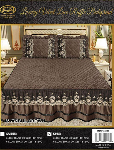 king Istanbul Brown Luxury Velvet Ruffle Bedspread Set 3 Piece. - Unidos Textile