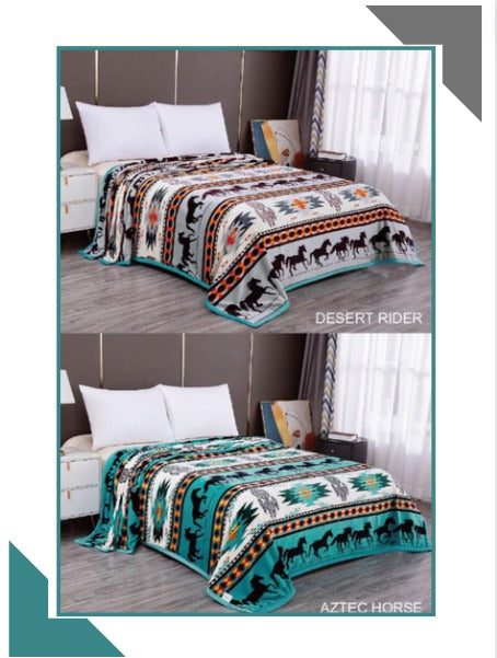 King Azteca  Desert Rider/Aztec Horse Beige Reversible Silky Soft  2 ply Blanket 3. Kg - Unidos Textile