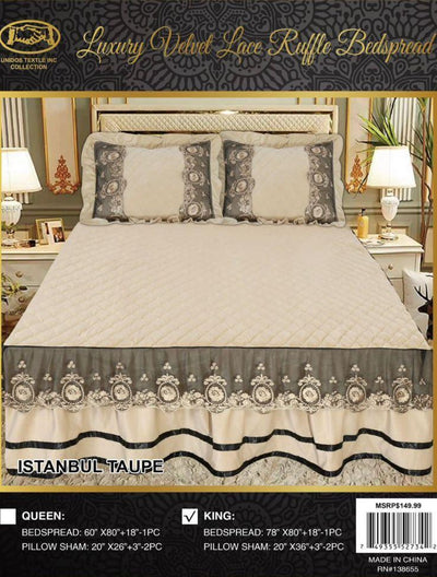 king Istanbul Taupe  Luxury Velvet Ruffle Bedspread Set 3 Piece. - Unidos Textile