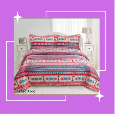 King-Rodeo Aztec Pink Velvet  Bedspread 3 pc. Set - Unidos Textile