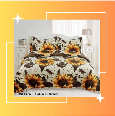 King-Rodeo Sunflower Cow Brown  Velvet  Bedspread 3 pc. Set - Unidos Textile