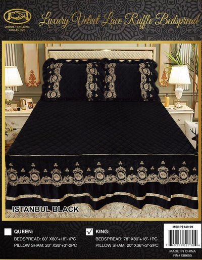 king Istanbul Black Luxury Velvet Ruffle Bedspread Set 3 Piece. - Unidos Textile