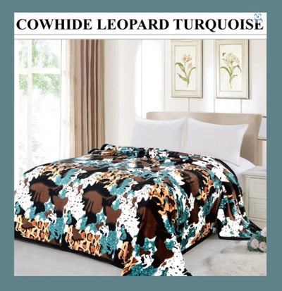 King Serafina  Cowhide Leopard Turquoise  Lightweight Blanket 1Ply - Unidos Textile