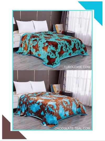 King Azteca turquoise Cow / Chocolate Teal Cow  Reversible Silky Soft  2 ply Blanket 3. Kg - Unidos Textile