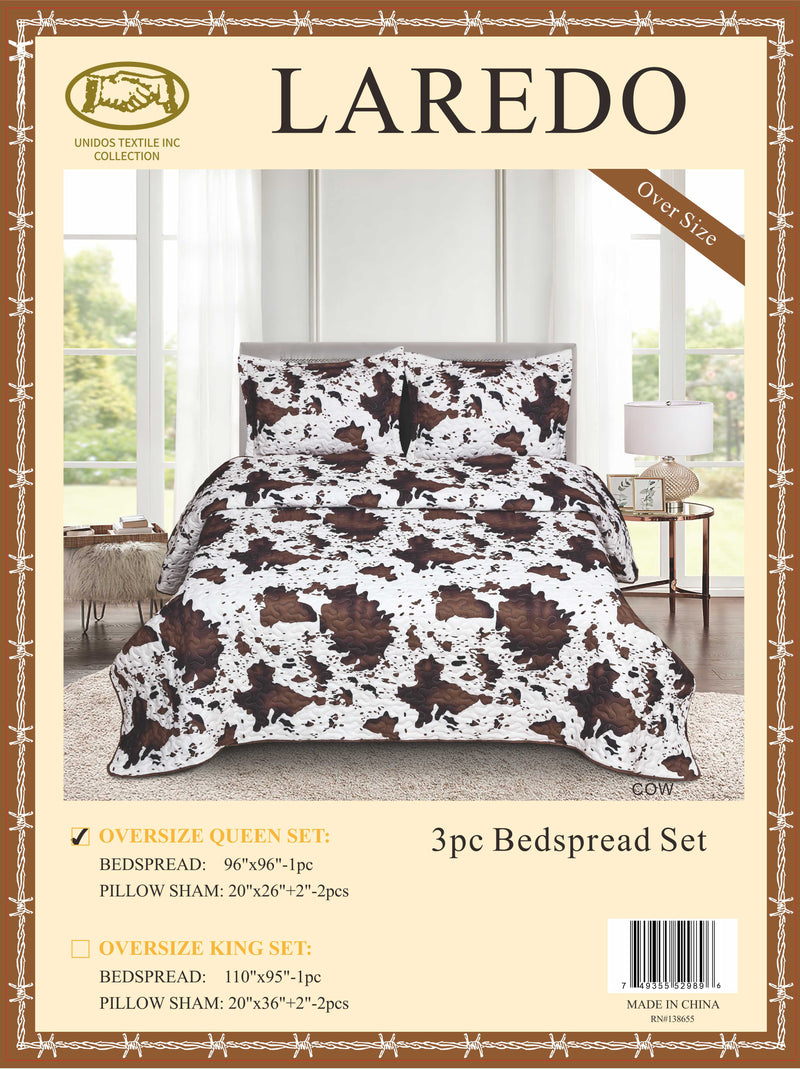 Laredo Bedspread Quilt 3pc. Set Oversize Case (The Classic Cow Print)