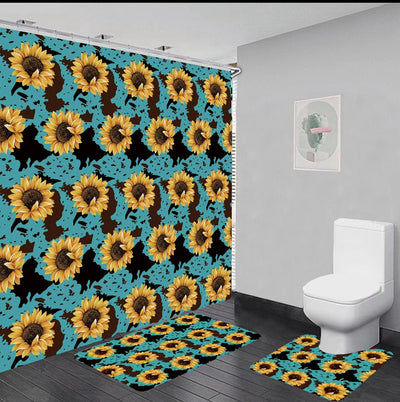 Teal Sunflower Cow - 15pc Bath Mat Set - Unidos Textile