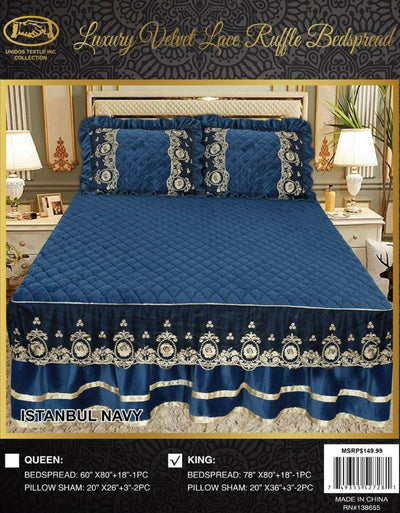 king Istanbul Navy   Luxury Velvet Ruffle Bedspread Set 3 Piece. - Unidos Textile