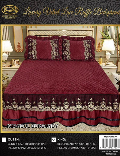 king Istanbul Burgundy Luxury Velvet Ruffle Bedspread Set 3 Piece. - Unidos Textile