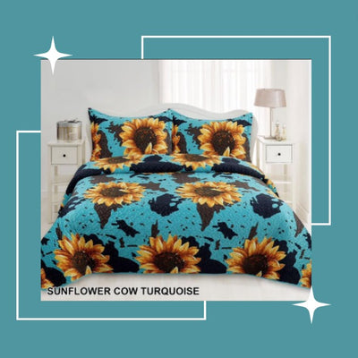 King-Rodeo Sunflower Cow Turquoise  Velvet  Bedspread 3 pc. Set - Unidos Textile