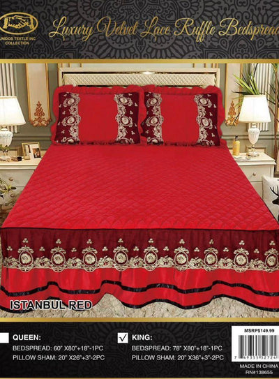 king Istanbul Red Luxury Velvet Ruffle Bedspread Set 3 Piece. - Unidos Textile
