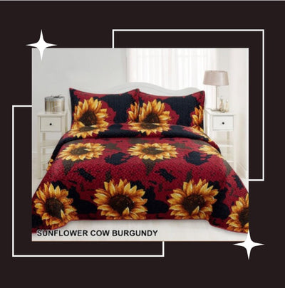 King-Rodeo Sunflower Cow Burgundy   Velvet  Bedspread 3 pc. Set - Unidos Textile