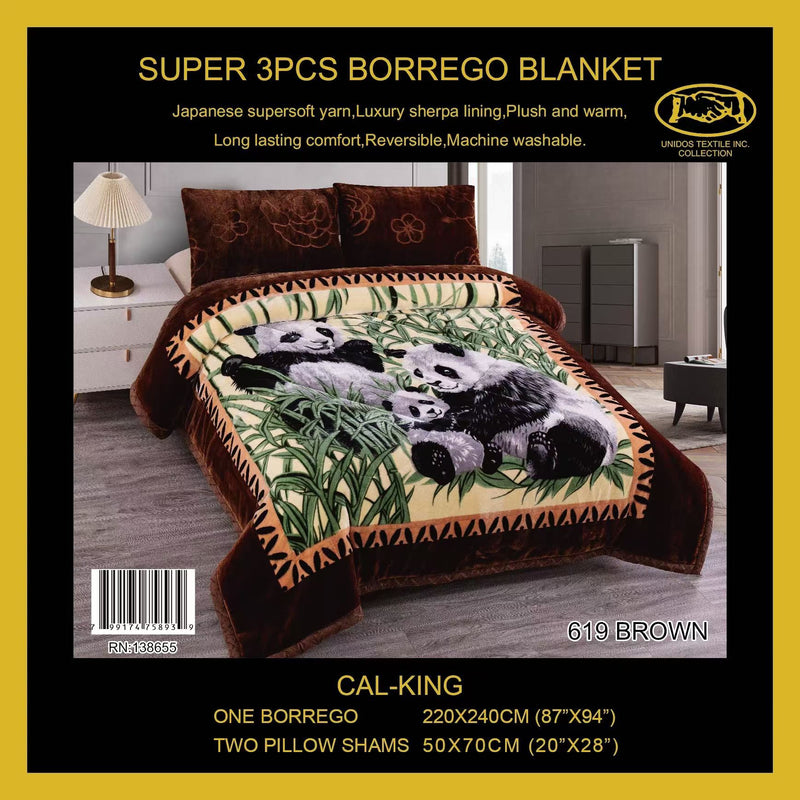 El Hispano 619 Panda Brown   Embossed 3pc Sherpa Set