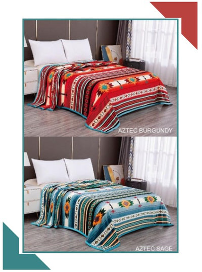 King Azteca  Burgundy /Aztec Sage  Reversible Silky Soft  2 ply Blanket 3. Kg - Unidos Textile