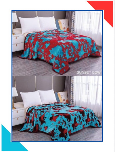 King Azteca  Sunset Cow /Oasis Cow  Reversible Silky Soft  2 ply Blanket 3. Kg - Unidos Textile