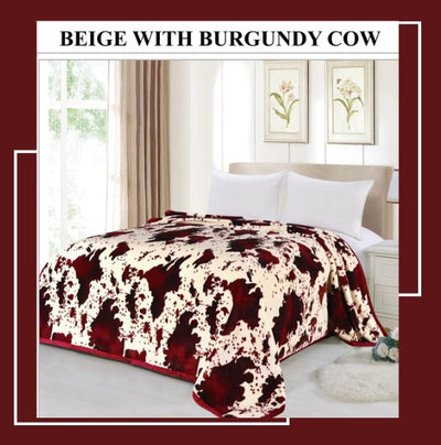 King Serafina Beige With Burgundy Cow Lightweight Blanket 1Ply - Unidos Textile