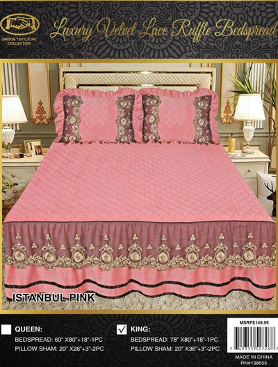 king Istanbul Pink  Luxury Velvet Ruffle Bedspread Set 3 Piece. - Unidos Textile